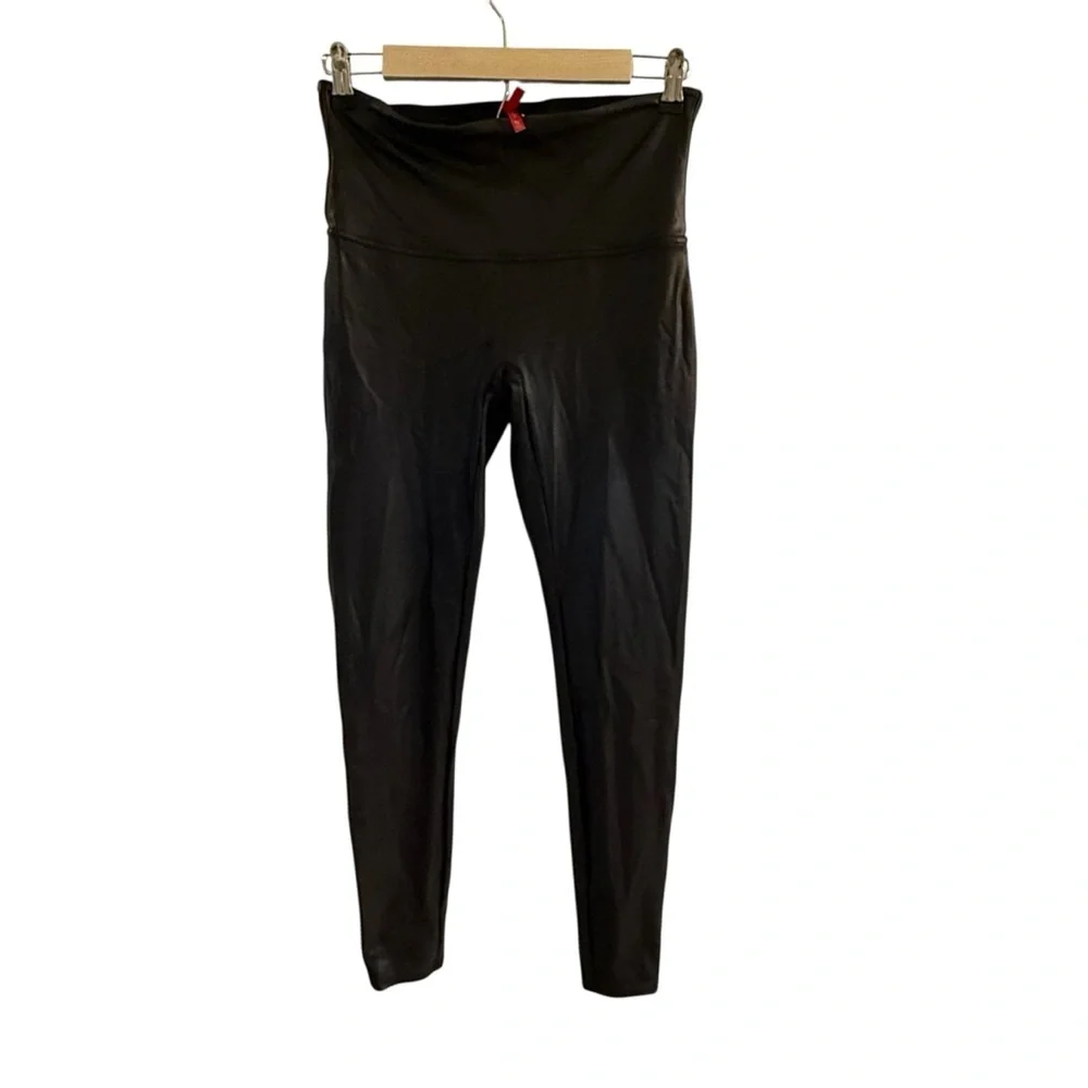 Black Spanx Leggings Stretchy Control Top faux Leather Size X-Large